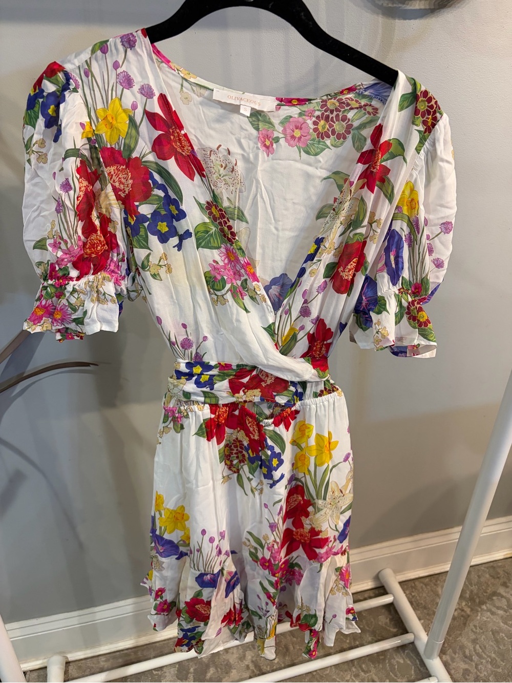 Olivaceous White Floral Wrap Dress with Red, Yellow & Purple Blooms- small